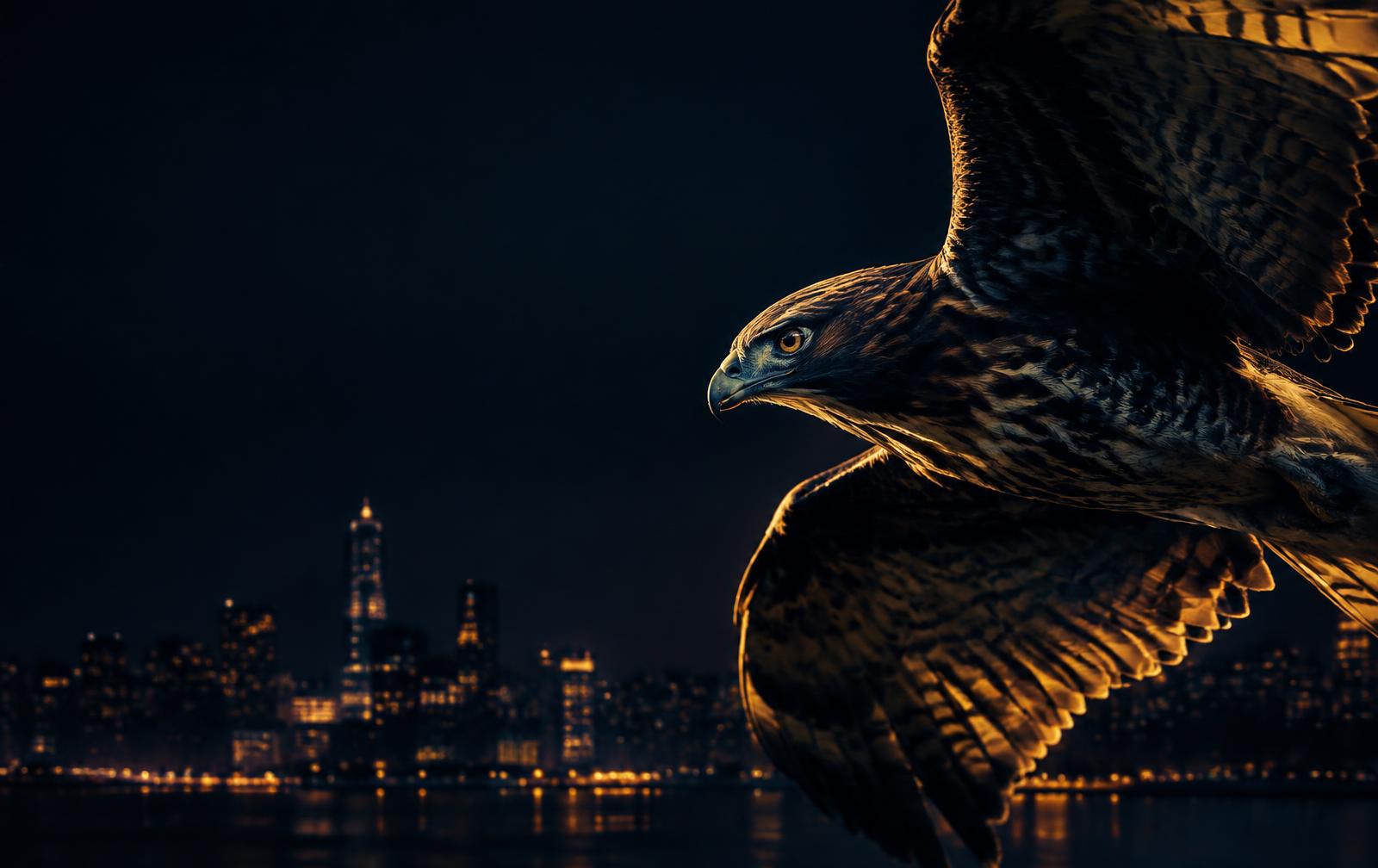 Hawk in flight over a city at night